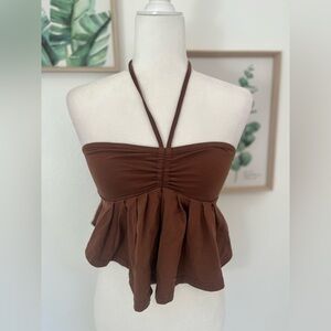 Shein Women’s Strapless Tie Front Ruffle Trim Top